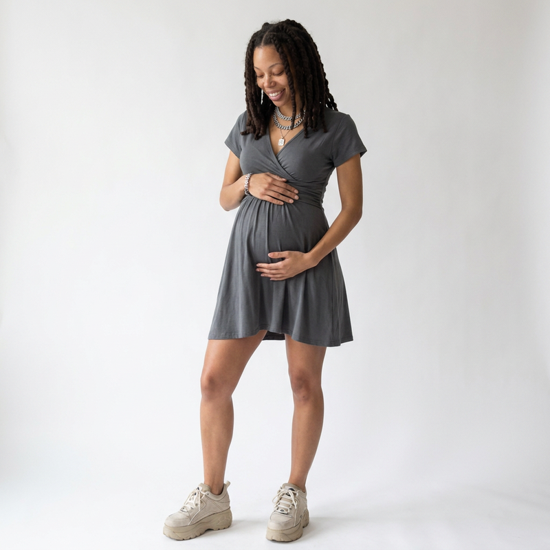 Deep V Bodycon Maternity Dress | Short Sleeve